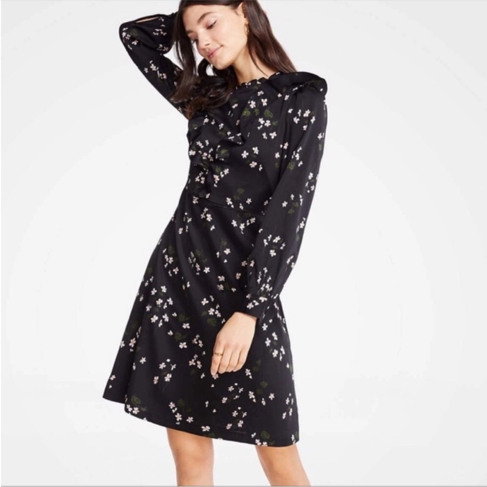 Ann Taylor size 0 petite Black Floral Long Sleeve ruffle romantic Dress